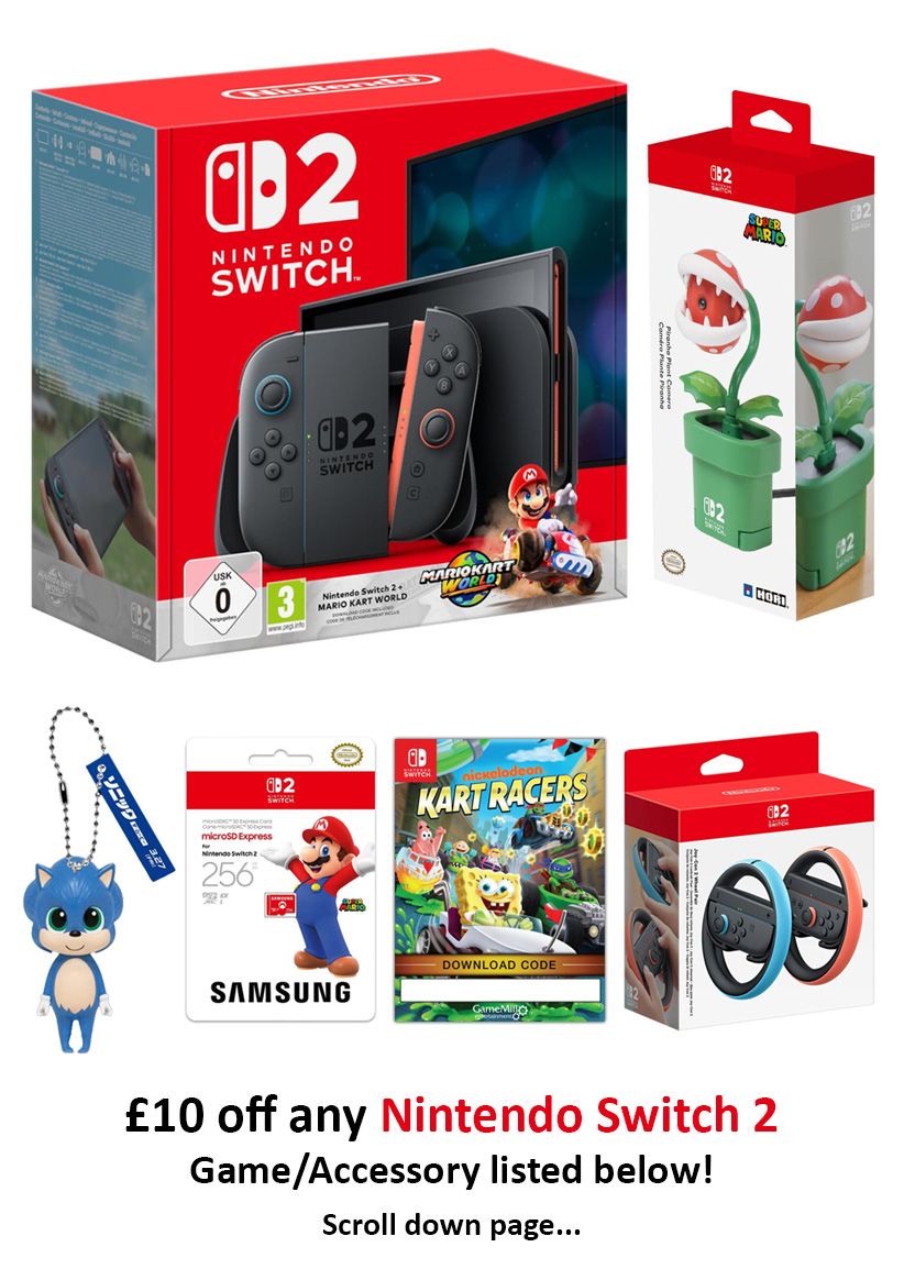Mario Kart Console Bundle + Joy-Con 2 Wheel Pair + Samsung MicroSD + Piranha Plant Camera + Nickelodeon Kart Racer for Switch + Sonic Keychain + Discounted Switch 2 Game (£10 OFF)