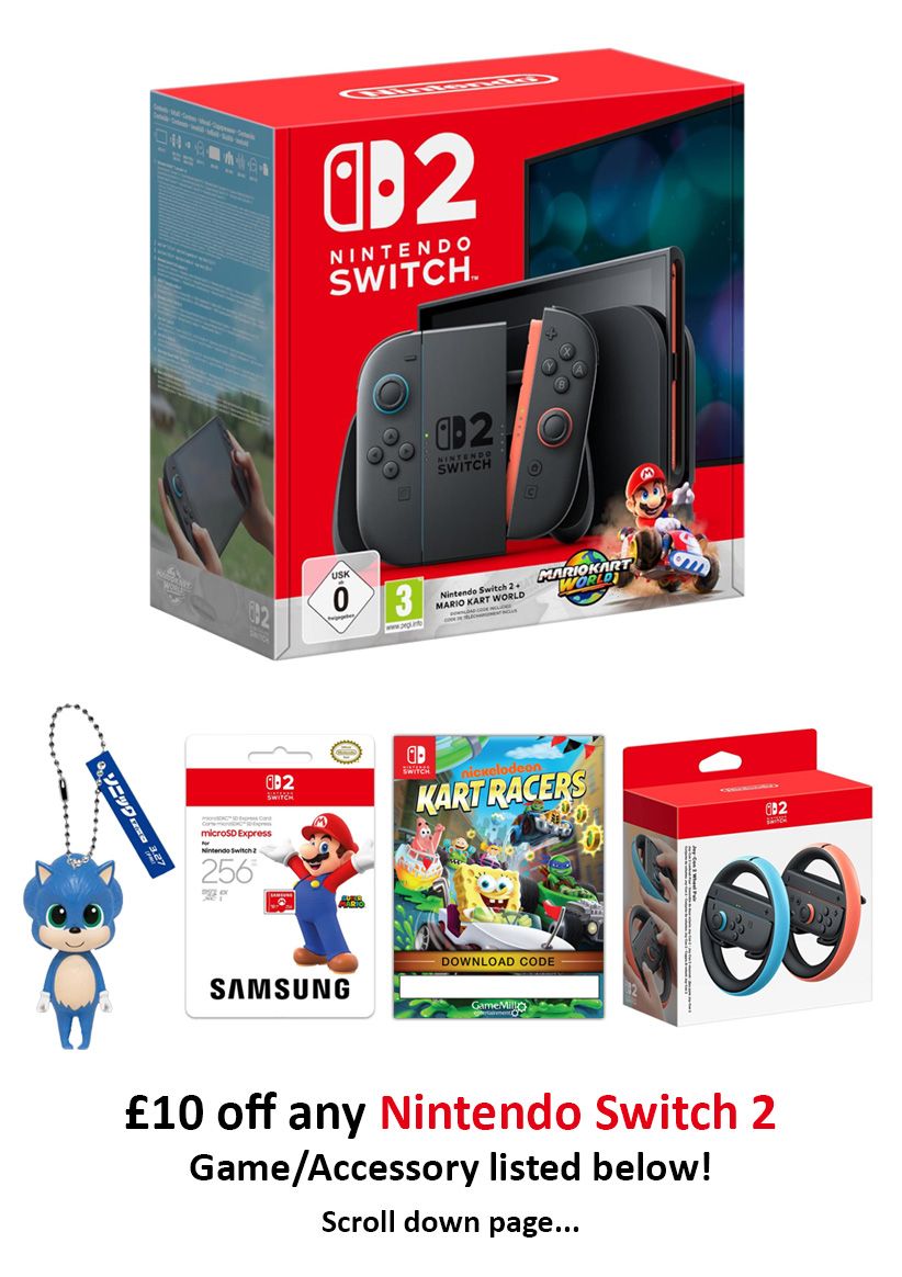 Mario Kart Console Bundle + Joy-Con 2 Wheel Pair + Samsung MicroSD + Nickelodeon Kart Racer for Switch + Sonic Keychain + Discounted Switch 2 Game (£10 OFF)
