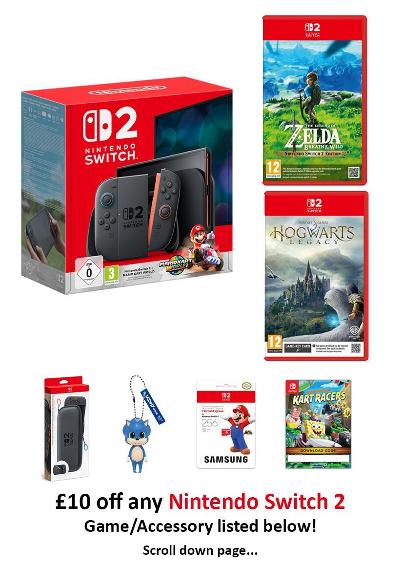Mario Kart Console Bundle + Carrying Case & Screen Protector (Switch 2) + The Legend of Zelda: Breath of the Wild (Switch 2) + Hogwarts Legacy (Switch 2) + Samsung MicroSD + Nickelodeon Kart Racer for Switch + Sonic Keychain